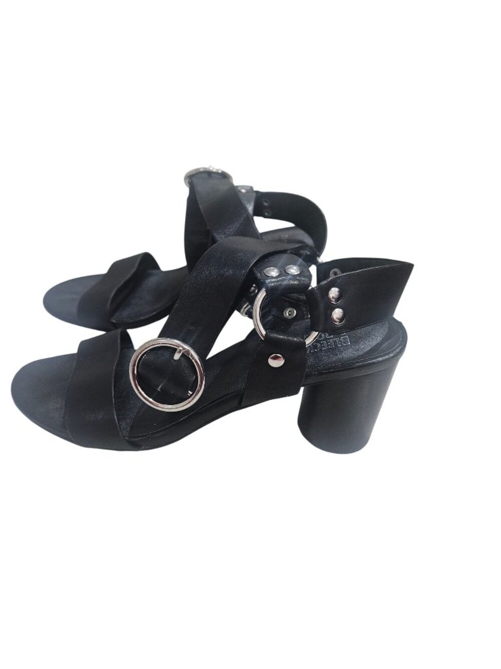 Bleecker & Bond Womens Black Heeled Sandals With Silver Hardware Adjustable Stra